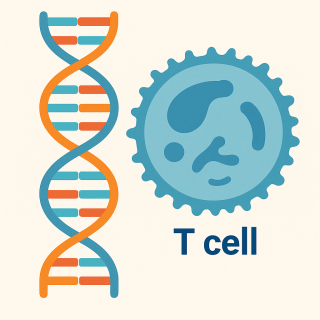 Illustration of DNA and a T cell representing FOXP3 gene mutations linked to IPEX syndrome._
